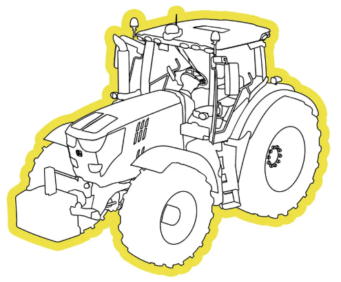 Ilustracja ciągnika John Deere otoczonego żółtym obrysem