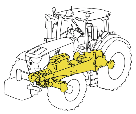 Ilustracja ciągnika John Deere z zaznaczonym silnikiem, układem napędowym, kierowniczym i ramą